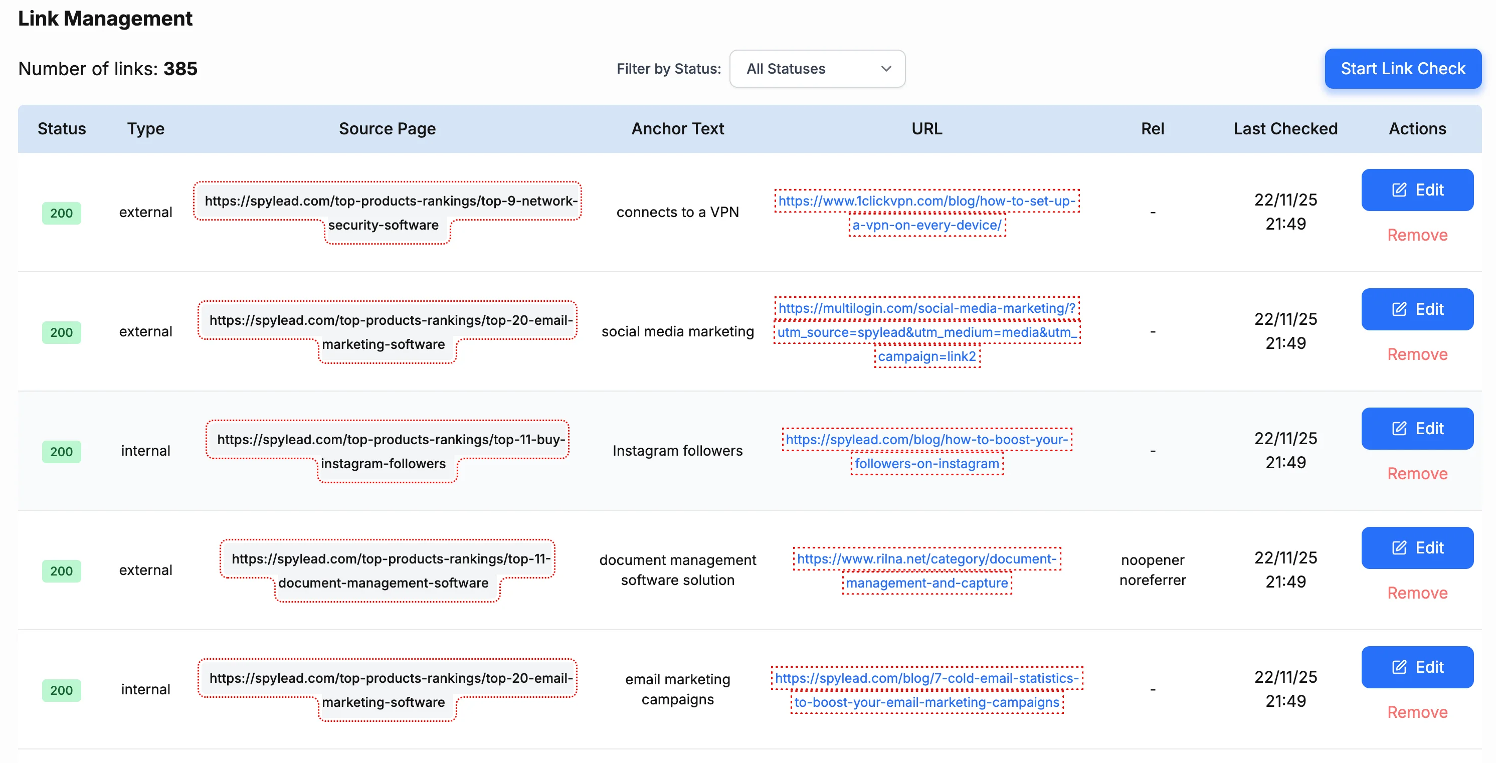 Find broken links dashboard
